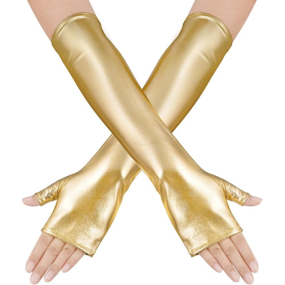 Women's Long Metallic Shiny Fingerless Gloves Gold Party Halloween Costume